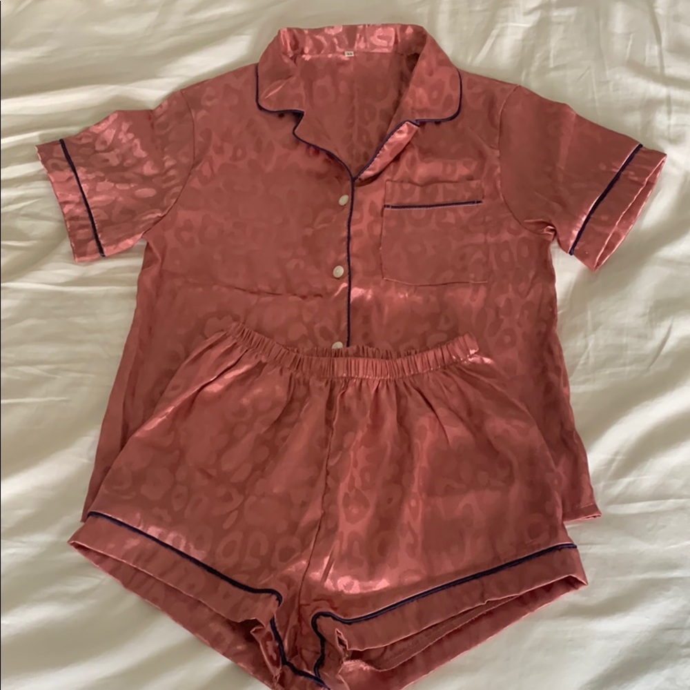 Silky Pink Leopard Pajama Set w/ Black Trim